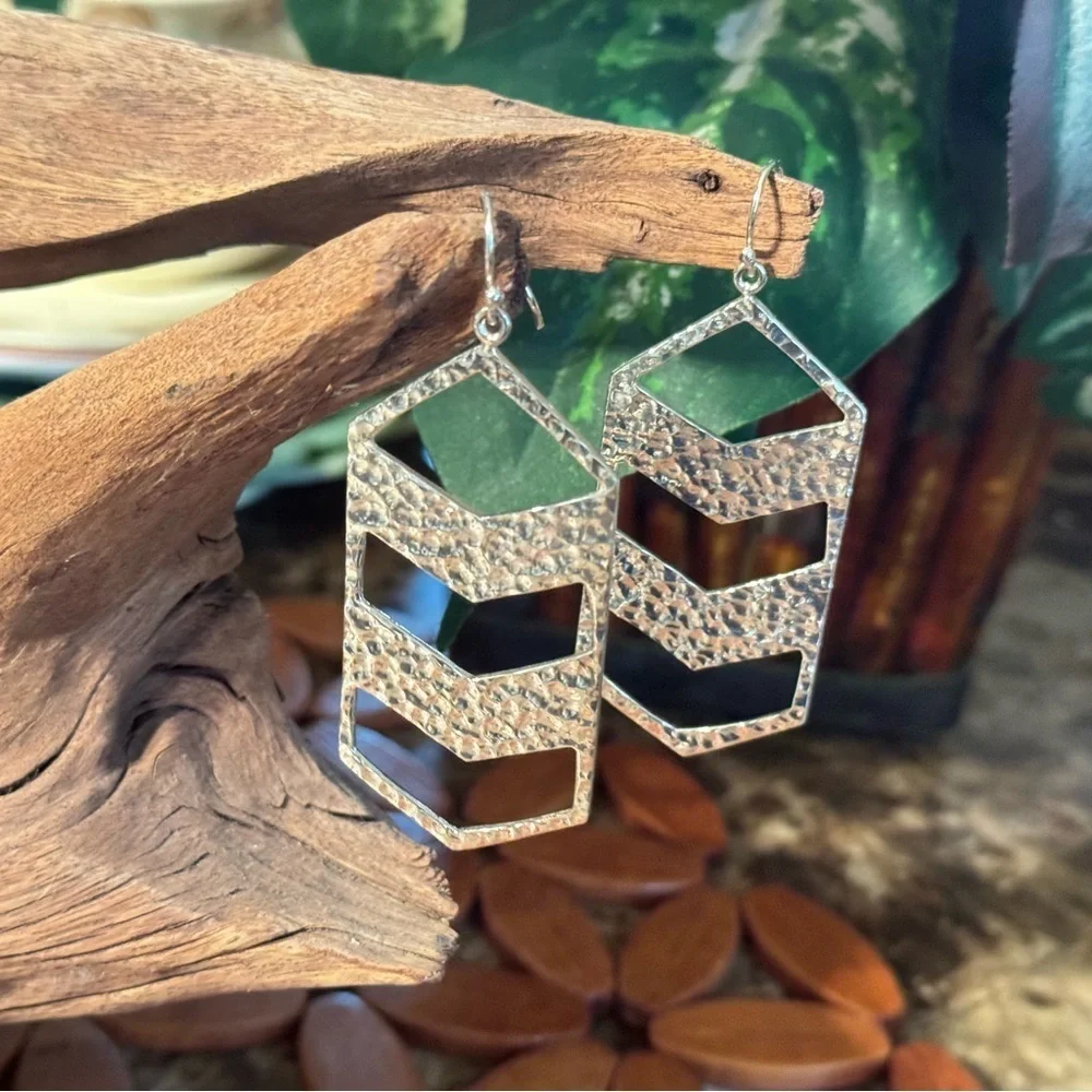 Silver Geometric Chevron Drop Earrings